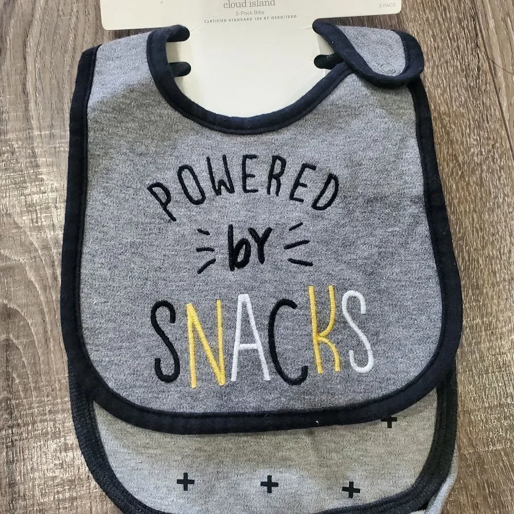 NEW Baby Bibs Cloud Island Gray and Black Snack Bib Set 3 Pieces